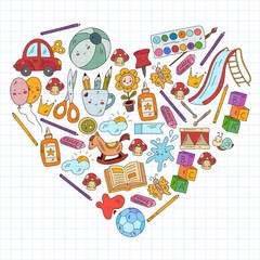 Children play with toys in the kindergarten. Kids playground. Education, creativity, imagination.