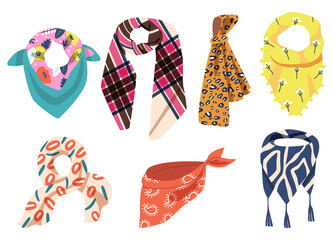 Set of Colorful Scarves Isolated on White Background. Different Kerchiefs, Shawls, Textile Accessories for Cold Weather
