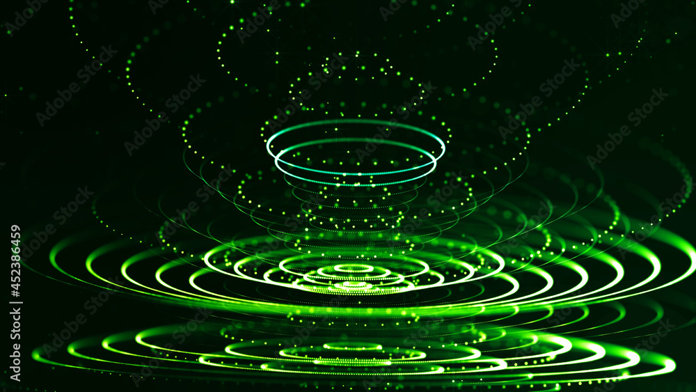 Poster abstract sci-fi background with glow particles form curved lines, surfaces, hologram structures or v
