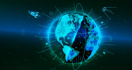 Network. Planet Earth from space. Flickering lights of cities. Map of the mainland. Global communications system and the World Wide Web. Technologies and communications. Globalization. Luminous sphere