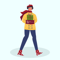 New year concept. Woman with New Year's gifts. Vector illustration.