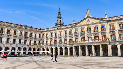 Fototapeta premium Vitoria-Gasteiz, Spain - 20 August 2021: Plaza de Espana (or Plaza Nueva), in the old town of Vitoria Gasteiz, Basque Country, Spain