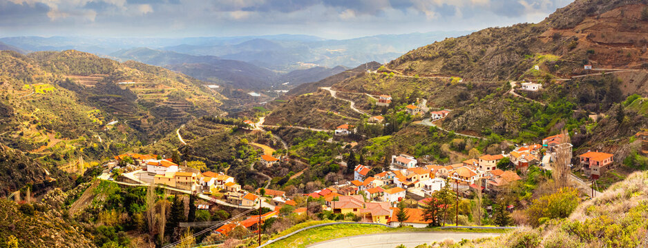 Panoramic view of the Melini village on the slopes of the Troodos Mountains, Republic of Cyprus