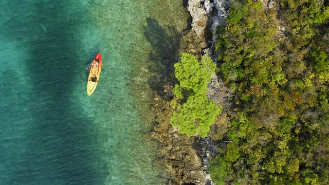 Aerial view of the kayaking on the Adriatic Sea near Korcula, Croatia