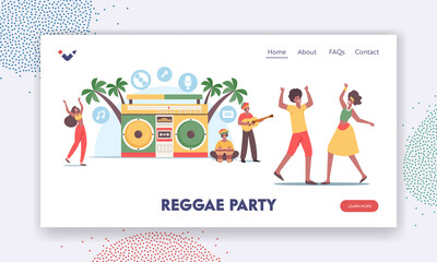Obraz na płótnie Canvas Reggae Party Landing Page Template. Tiny Rasta Characters in Jamaica Costumes Dance and Playing Guitar or Drum