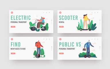 Characters Riding Electric Transport Landing Page Template Set.People Use Scooter, Hoverboard and Monowheel, Skateboard