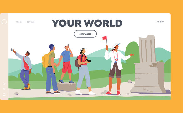 Tourists Group Excursion Landing Page Template. Young People with Backpacks and Photo Cameras Traveling Abroad