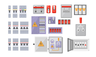 Set Electric Breaker Switchbox Electricity or Energy Equipment Red Buttons, Contact-breaker Isolated on White Background
