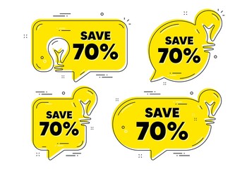 Save 70 percent off. Idea yellow chat bubbles. Sale Discount offer price sign. Special offer symbol. Discount chat message banners. Idea lightbulb balloons. Vector