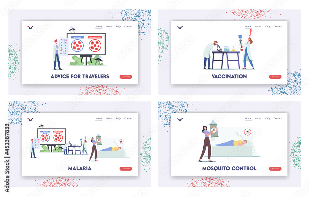 Poster malaria landing page template set. scientists characters learn malaria sickness. tiny doctor at huge