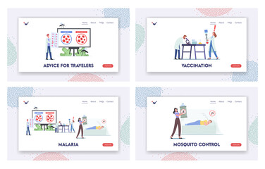 Malaria Landing Page Template Set. Scientists Characters Learn Malaria Sickness. Tiny Doctor at Huge Infographics