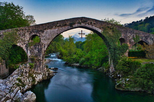 Closeup of the hump-backed Roman Bridge over the Sella River in Cangas de Onis, Spain
