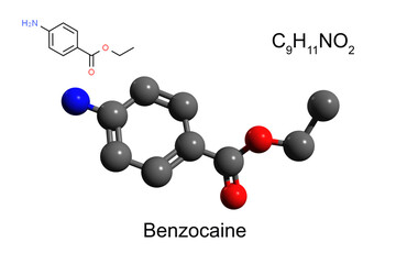 Chemical formula, skeletal formula and 3D ball-and-stick model of benzocaine, a local anesthetic of the ester type, white background