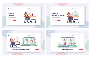 Fototapeta na wymiar Online Drinking Party Landing Page Template Set. Virtual Birthday, Festive Event. Friends Clink Glasses from Pc