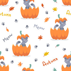 Seamless pattern with cute gray kitten, cat sitting in the ginger, red cut pumpkin and pumpkin cover on head isolated on white. Vector illustration, print for packaging, fabrics, wallpapers, textiles.