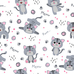 Seamless pattern with cute gray cat, kitty, kitten with black stripes, paws, word meow, purr on white background. Vector illustration, print for packaging, fabrics, wallpapers, textiles.