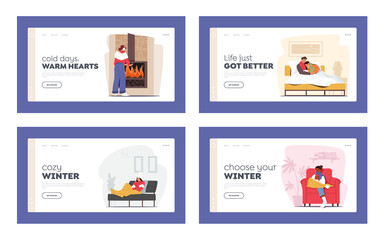 Freezing Characters Suffer of Cold Temperature at Home Landing Page Template Set. People Wrapped in Warm Plaids