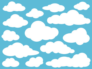 White clouds collection on blue background. Banner Icons Set. Vector illustration. Design elements in flat style