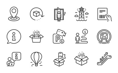 Transportation icons set. Included icon as Escalator, Packing boxes, Return package signs. Elevator, Air balloon, Lighthouse symbols. Location, Parcel invoice, Delivery location. Open box. Vector