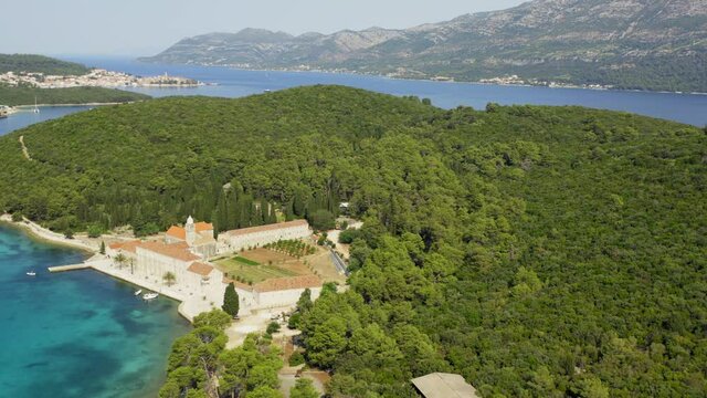 Aerial view of Franciscan monastery on Badija Island near  Korcula, Adriatic Sea, Croatia