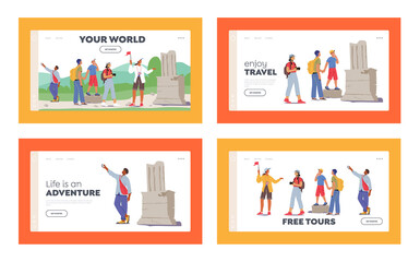 Tourism Landing Page Template Set. Tourists Group Excursion. People with Backpacks and Photo Cameras Traveling