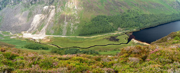 Panoramic idyllic view of Glendalough Valley, County Wicklow Upper lake from miners way, Glenealo...