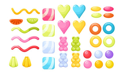 Set of Jelly Candies, Gummy Bears, Worms, Rings and Hearts with Lemon Slices Isolated on White Background, Cute Sweets