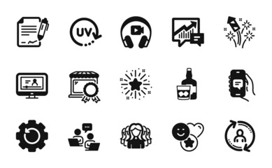 Vector set of Smile, Uv protection and Headphones icons simple set. Teamwork, User info and Online video icons. Signing document, Fireworks rocket and Women group signs. Vector