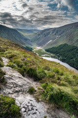 Panoramic idyllic view of Glendalough Valley, County Wicklow Upper lake from miners way, Glenealo valley, Wicklow way, County Wicklow, Ireland.