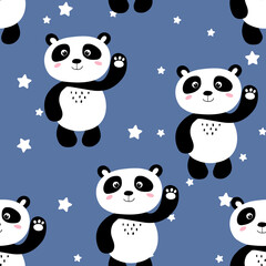 Seamless pattern with cute panda baby and stars on color background. Funny asian animals. Card, postcards for kids. Flat vector illustration for fabric, textile, wallpaper, gift wrapping paper