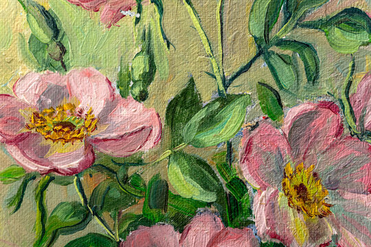 Close of fragment of oil painting depicting still life of flowers in vase. Macro impasto painting. © VIS Fine Arts