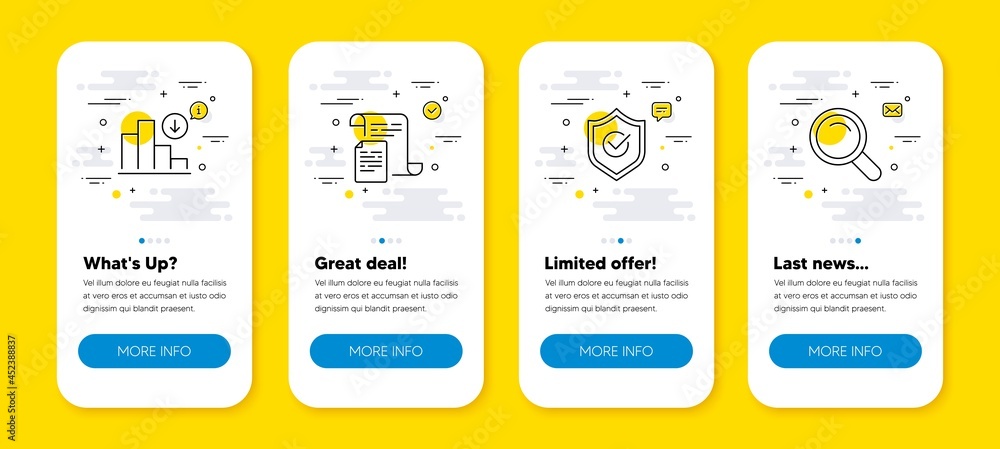 Poster vector set of approved shield, decreasing graph and documents line icons set. ui phone app screens w