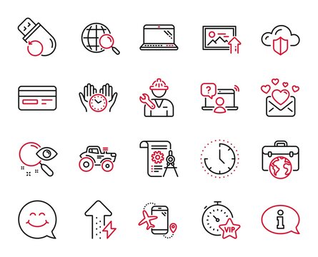 Vector Set of Technology icons related to Flash memory, Time and Tractor icons. Businessman case, Flights application and Love mail signs. Web search, Vip timer and Energy growing. Laptop. Vector