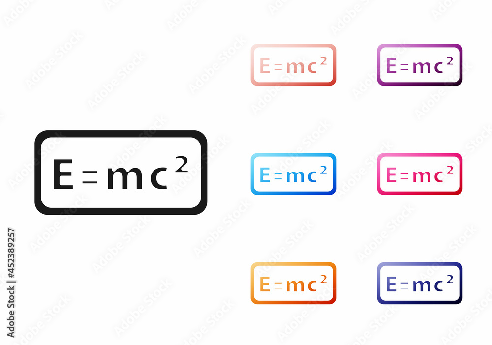 Poster black math system of equation solution icon isolated on white background. e equals mc squared equati