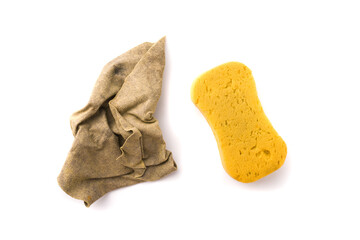 sponge and deerskin for car cleaning. isolated on white