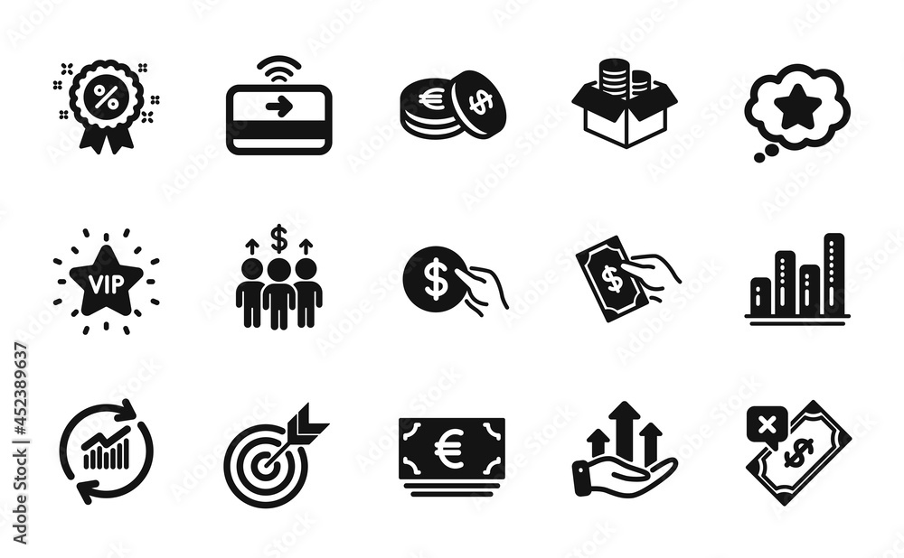 Poster vector set of meeting, graph chart and money box icons simple set. update data, savings and loyalty 