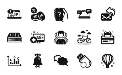 Vector set of Medical analytics, Internet chat and Bike rental icons simple set. Ask question, Currency exchange and Messenger icons. Share mail, Bell and Air balloon signs. Vector