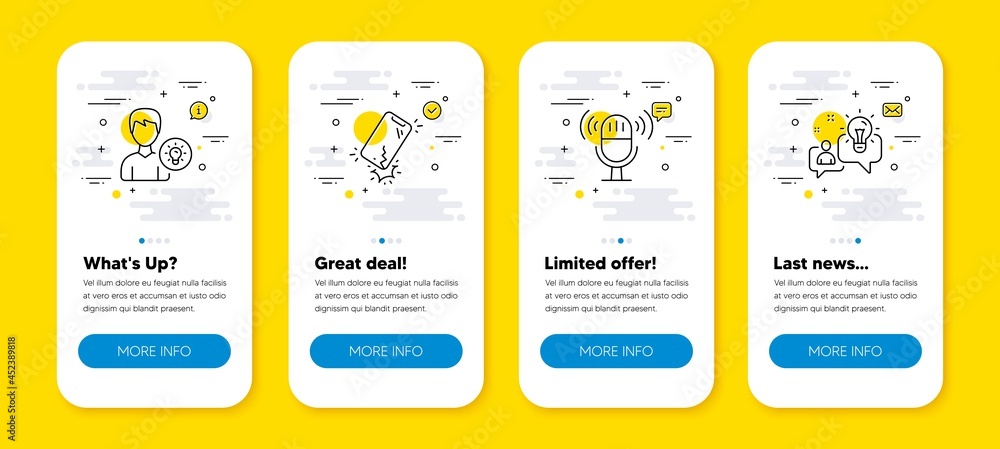Poster vector set of microphone, smartphone broken and person idea line icons set. ui phone app screens wit