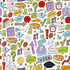 Doodle vector concept illustration of learning English language. English language courses. School. College. University.