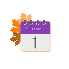 September 1. Vector flat daily calendar icon. Date and time, day, month. Holiday.