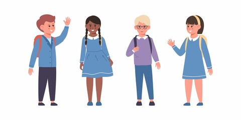 Set of school kids with school supplies. Pupils with backpacks. Vector set of preschoolers children teenagers characters in different poses, clothes, wear. 