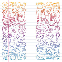 Doodle vector concept illustration of learning English language. English language courses. School. College. University.