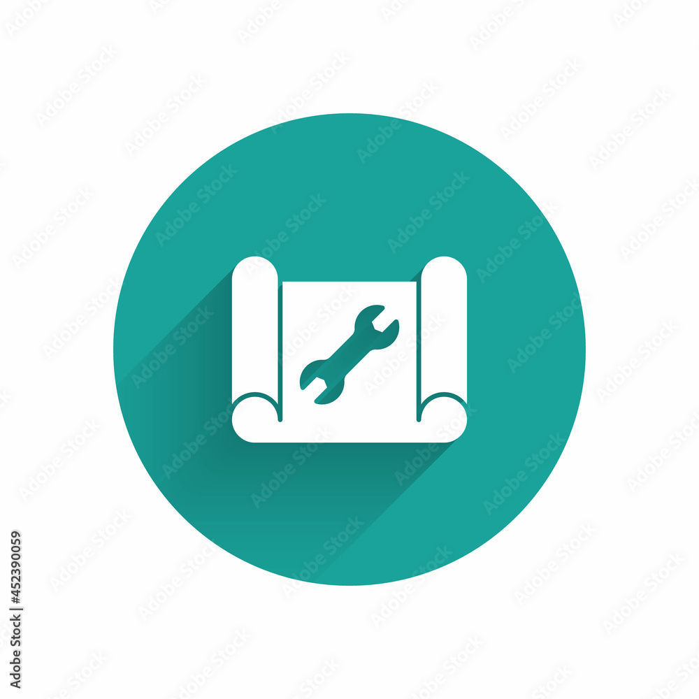 Aufkleber white graphing paper for engineering and wrench icon isolated with long shadow. green circle button.