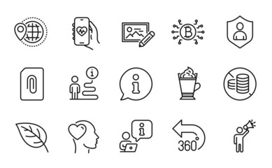 Business icons set. Included icon as Friend, Latte coffee, Attachment signs. 360 degrees, World travel, Leaf symbols. Bitcoin system, Security, Photo edit. No cash, Brand ambassador. Vector