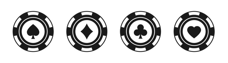 Poker chips black icons vector set. Isolated Casino poker chip logo. Poker symbols with spades, hearts, diamonds, clubs. Playing poker concept. Vector illustration.