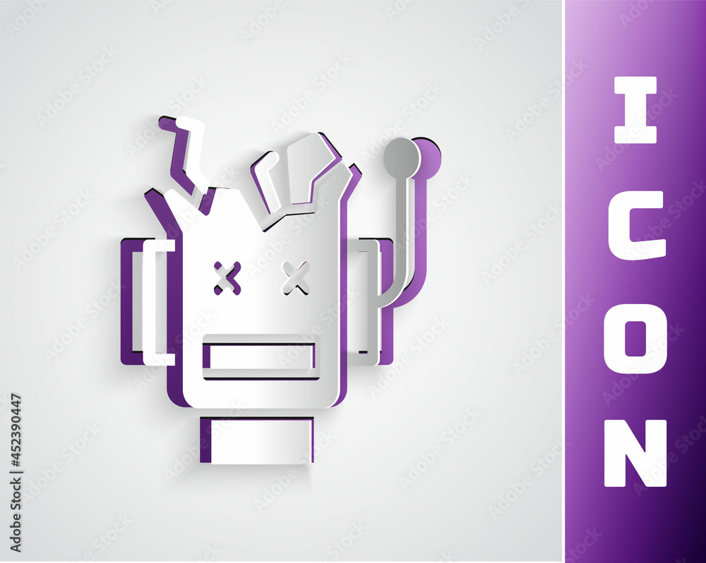 Poster paper cut broken robot icon isolated on grey background. artificial intelligence, machine learning, 