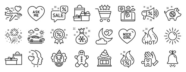 Set of Holidays icons, such as Sun, Puzzle, Car travel icons. Fireworks, Clown, Gingerbread man signs. Ice cream, Ask me, Heart. Discounts bubble, Gifts, Discount. Sale megaphone, Hot sale. Vector