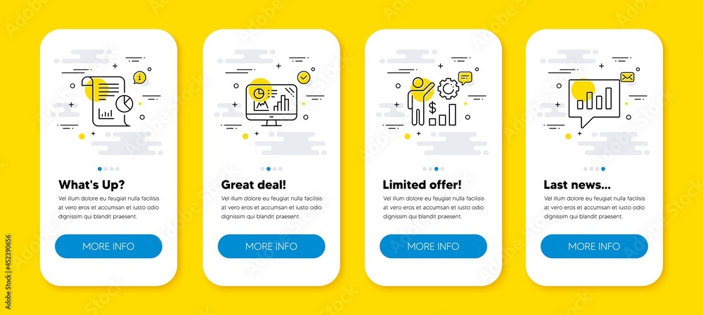 Poster vector set of analytics graph, report and employees wealth line icons set. ui phone app screens with