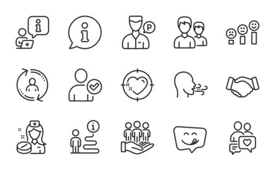 People icons set. Included icon as Handshake, User info, Best buyers signs. Heart target, Breathing exercise, Identity confirmed symbols. Valet servant, Nurse, Yummy smile. Dating chat. Vector