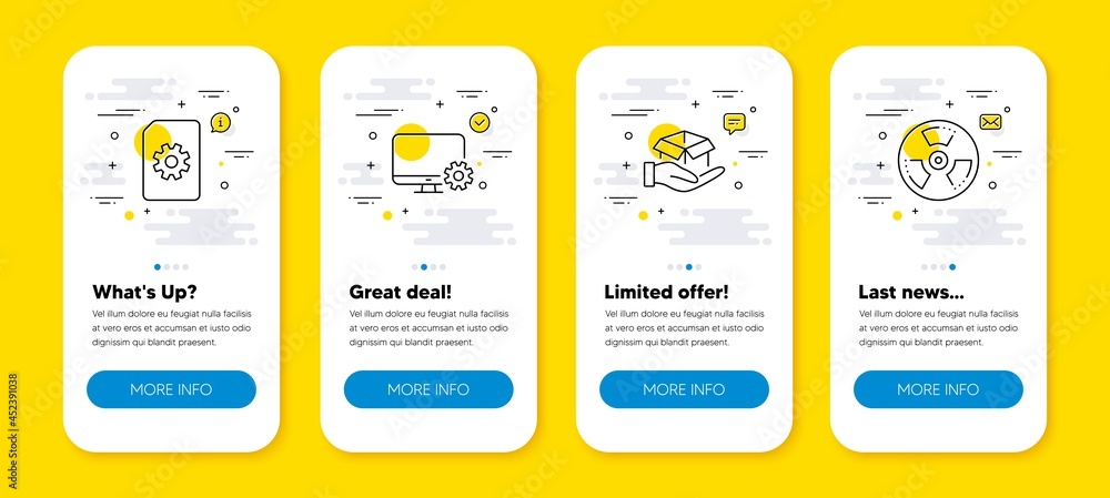 Poster vector set of hold box, file management and monitor settings line icons set. ui phone app screens wi